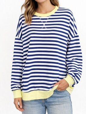 One Eleven North Blue White Striped Pullover Top Yellow Trim M